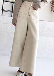 New Beige Pockets High Waist Woolen Crop Pants Winter