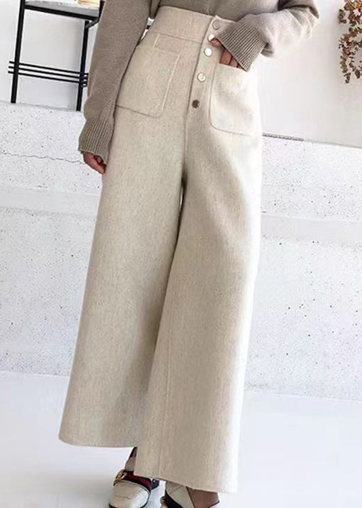 New Beige Pockets High Waist Woolen Crop Pants Winter