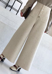 New Beige Pockets High Waist Woolen Crop Pants Winter