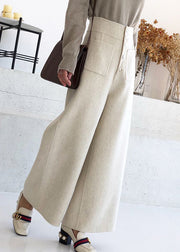 New Beige Pockets High Waist Woolen Crop Pants Winter