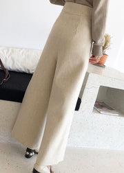 New Beige Pockets High Waist Woolen Crop Pants Winter