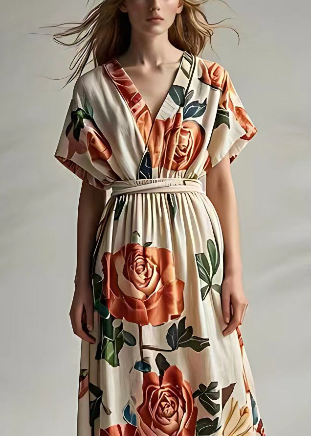 New Beige Print High Waist Cotton Maxi Dress Summer