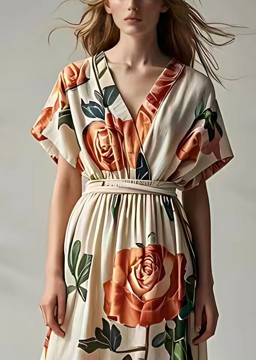 New Beige Print High Waist Cotton Maxi Dress Summer