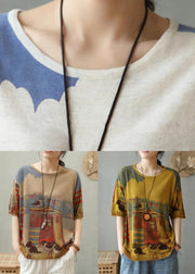 New Beige Print Patchwork Cozy Cotton Knit T Shirt Summer