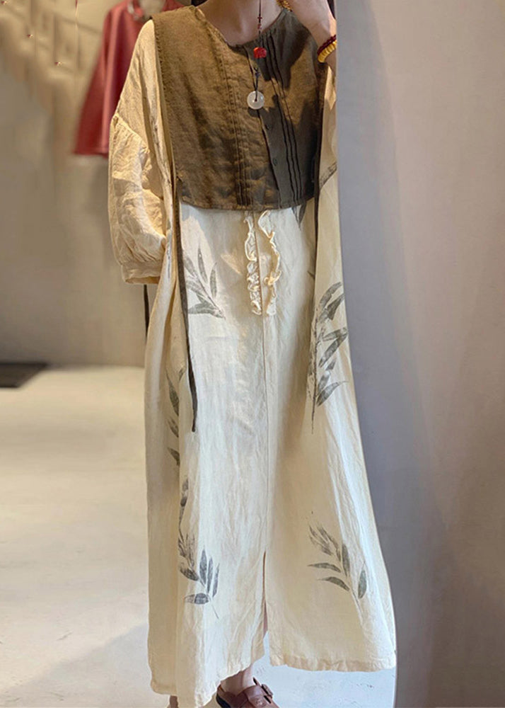 New Beige Ruffled Print Pockets Cotton Long Dress Spring