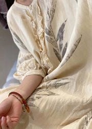 New Beige Ruffled Print Pockets Cotton Long Dress Spring
