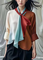 New Beige Scarf Collar Patchwork Chiffon Shirts Long Sleeve