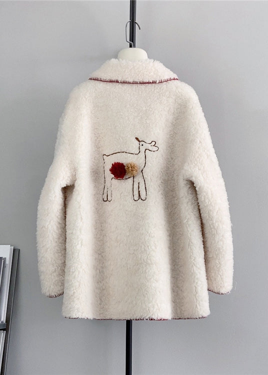 New Beige Square Neck Playful Little Deer Wool Jacket Winter