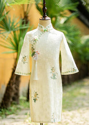 New Beige Stand Collar Embroideried Tassel Kids Long Dress Long Sleeve