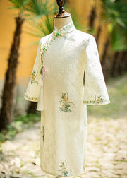 New Beige Stand Collar Embroideried Tassel Kids Long Dress Long Sleeve