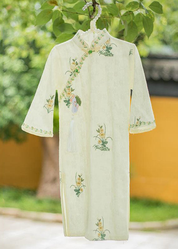 New Beige Stand Collar Embroideried Tassel Kids Long Dress Long Sleeve