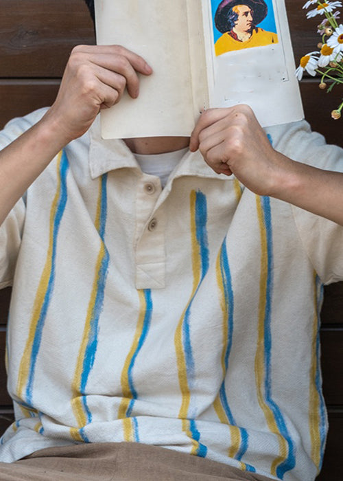 New Beige Striped Button Cotton Mens Shirts Summer