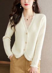 New Beige V Neck Button Solid Wool Knit Cardigan Fall