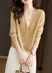 New Beige V Neck Button Solid Wool Knit Cardigan Fall