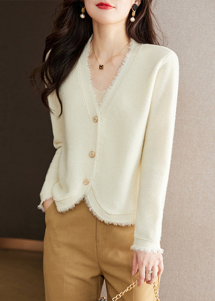 New Beige V Neck Button Solid Wool Knit Cardigan Fall