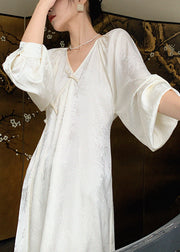 New Beige V Neck Jacquard Oriental Button Silk Long Dress Spring