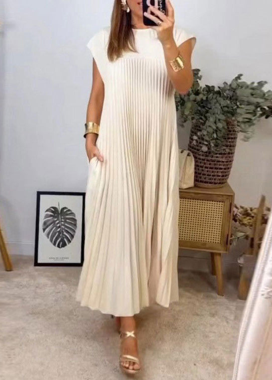 New Beige Wrinkled Pockets Solid Long Dress Summer