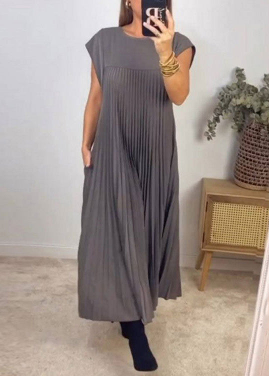 New Beige Wrinkled Pockets Solid Long Dress Summer