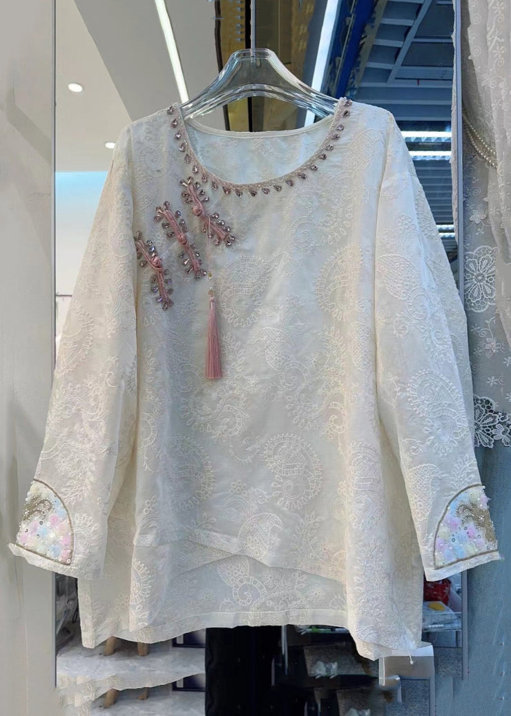 New Beige Zircon Embroidered Cotton Shirt Long Sleeve