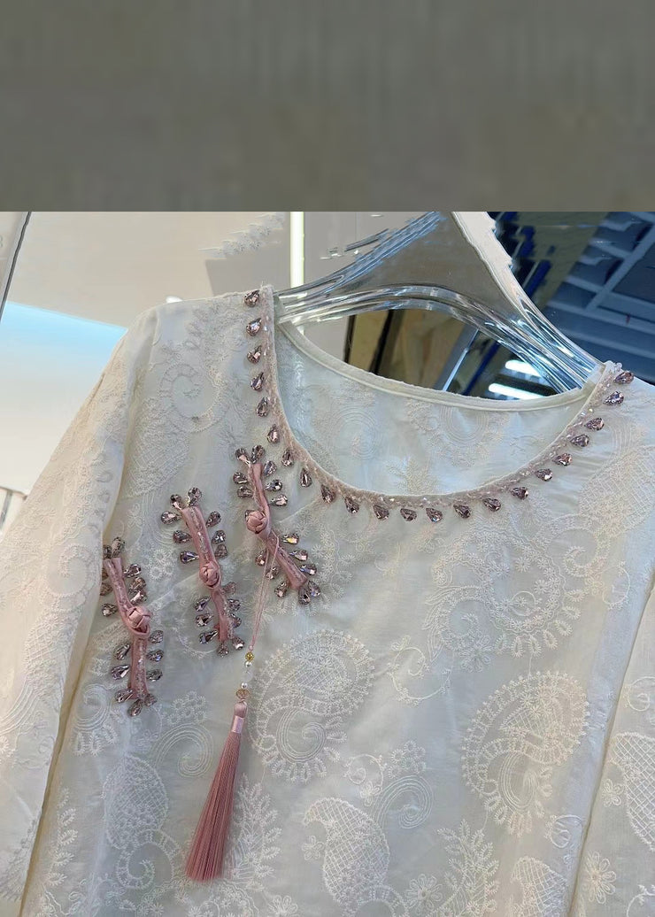 New Beige Zircon Embroidered Cotton Shirt Long Sleeve