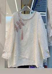 New Beige Zircon Embroidered Cotton Shirt Long Sleeve