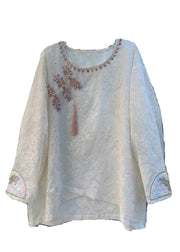 New Beige Zircon Embroidered Cotton Shirt Long Sleeve