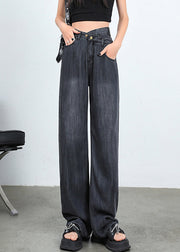 New Black Asymmetrical Button High Waist Straight Pants