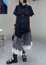 New Black Asymmetrical Button Lace Patchwork Shirts Long Dresses Summer