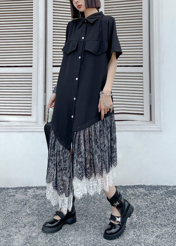 New Black Asymmetrical Button Lace Patchwork Shirts Long Dresses Summer