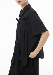 New Black Asymmetrical Wrinkled Patchwork Cotton Shirts Summer