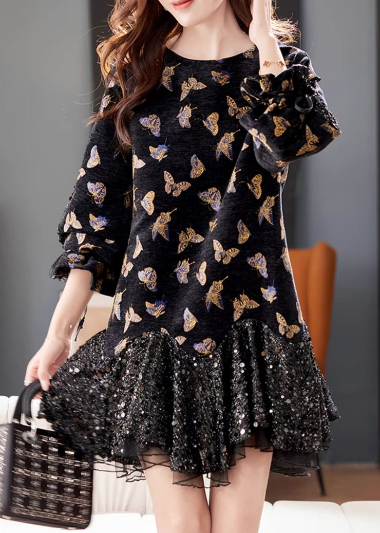 New Black Butterfly Sequins Tulle Patchwork Mid Dress Butterfly Sleeve