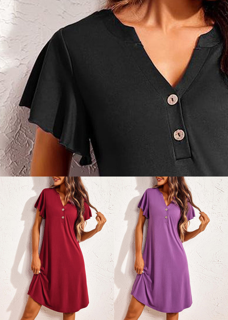 New Black Button High Waist Cotton Pajamas Dress Butterfly Sleeve