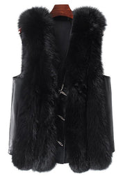 New Black Button Patchwork Leather And Fur Waistcoat Sleeveless