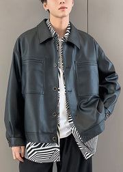 New Black Button Pockets Faux Leather Coats Men Spring