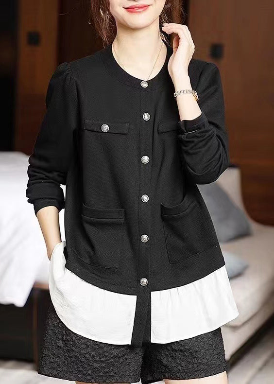 New Black Button Pockets Patchwork Cotton Top Long Sleeve