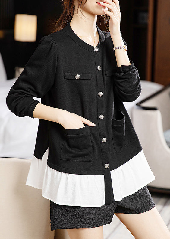 New Black Button Pockets Patchwork Cotton Top Long Sleeve