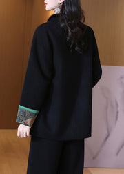 New Black Button Pockets Wool Coat Long Sleeve