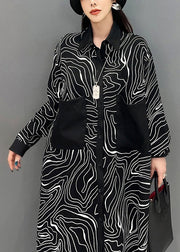 New Black Button Print Patchwork Cotton Shirt Dresses Long Sleeve