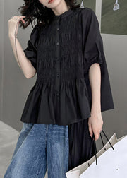 New Black Button Wrinkled Patchwork Cotton Shirt Tops Lantern Sleeve