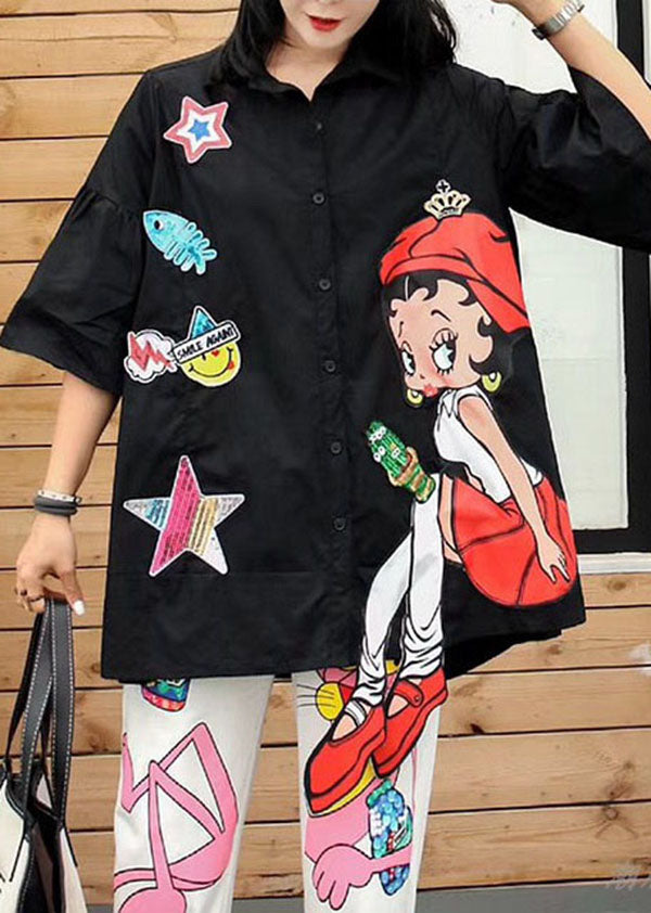 New Black Cartoon Sequins Patchwork Cotton Shirts Top Summer