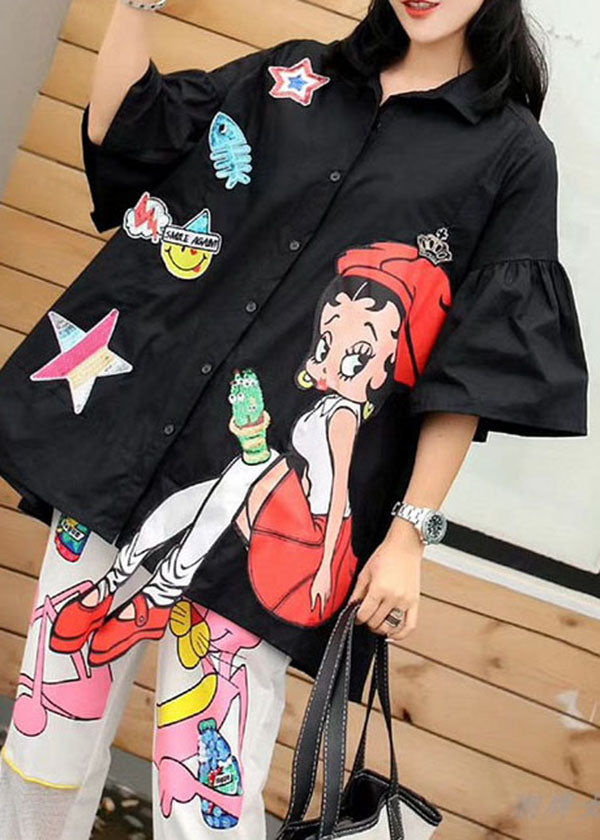 New Black Cartoon Sequins Patchwork Cotton Shirts Top Summer