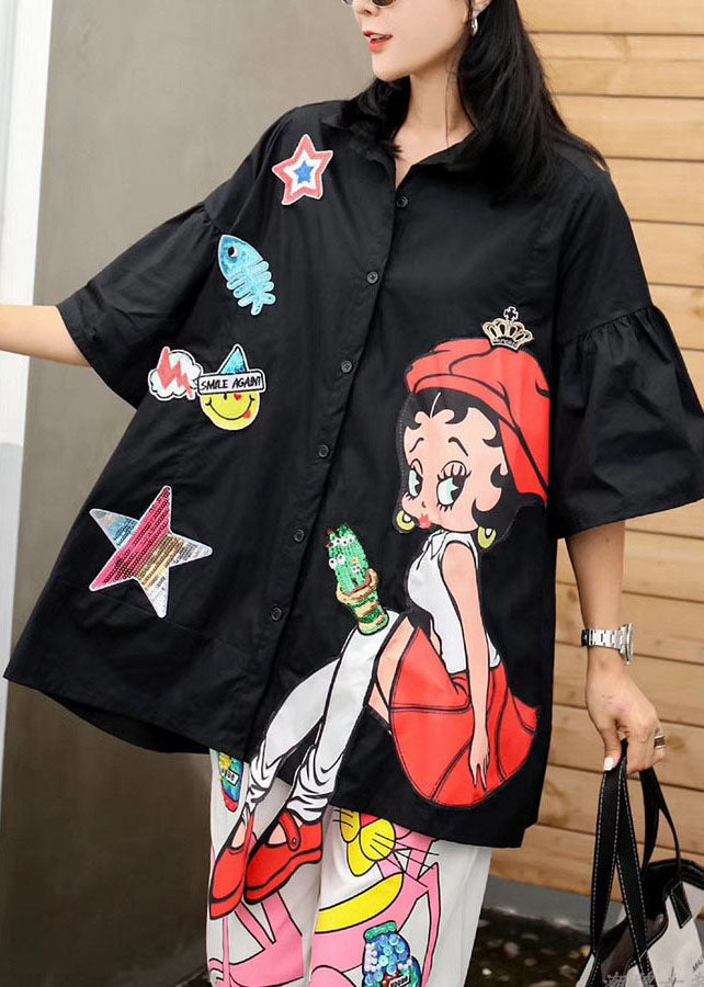 New Black Cartoon Sequins Patchwork Cotton Shirts Top Summer