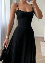 New Black Cold Shoulder Solid Cotton Spaghetti Strap Dress Sleeveless