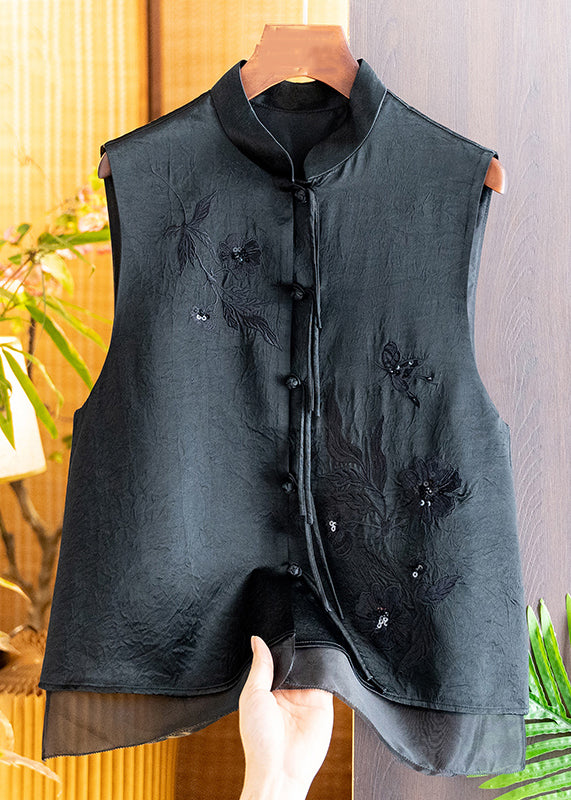 New Black Embroidered Button Silk Waistcoat Sleeveless