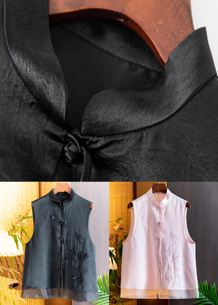 New Black Embroidered Button Silk Waistcoat Sleeveless