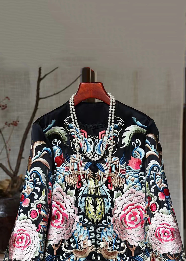 New Black Embroidered Chinese Button Silk Coats Spring