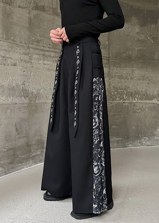 New Black Embroidered High Waist Patchwork Cotton Neutral Pants Spring