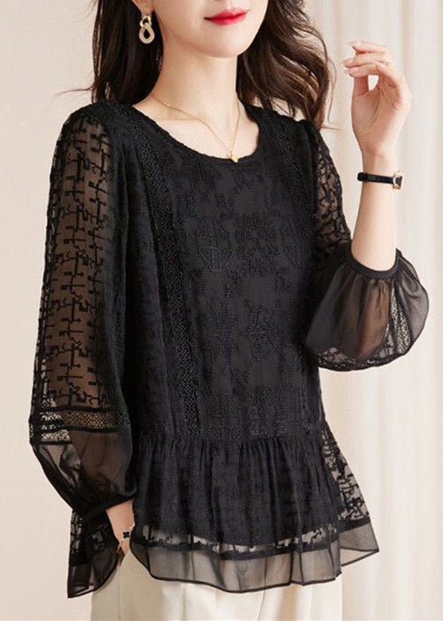 New Black Embroidered Hollow Out Lace Shirts Long Sleeve