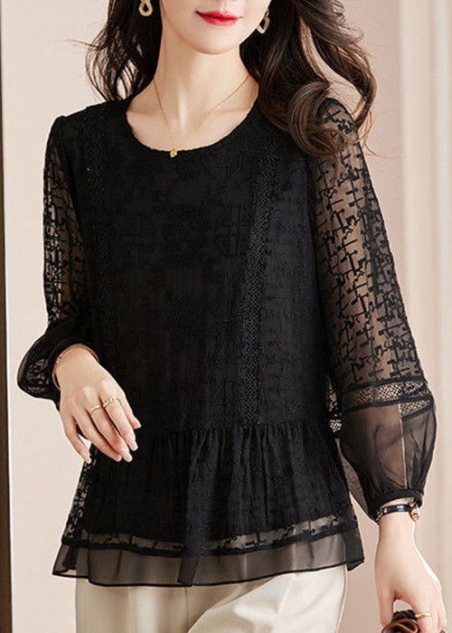 New Black Embroidered Hollow Out Lace Shirts Long Sleeve