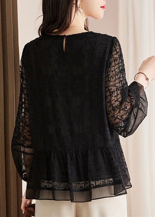 New Black Embroidered Hollow Out Lace Shirts Long Sleeve